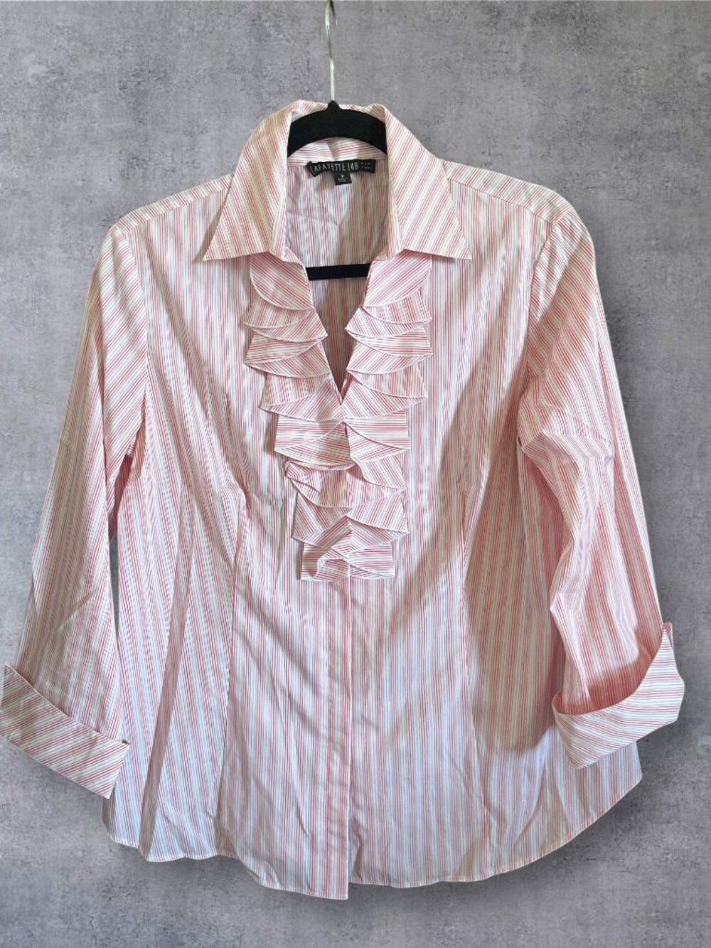 Lafayette 148 New York Striped Pleated Ruffle Blouse